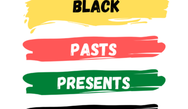 Four swipes of paint go down the image, in yellow, red, green, and black. Text reads "Black Pasts, Presents, Futures" with one word per paint swipe.