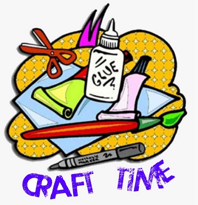 Drawing of craft supplies (glue, paint, scissors, brush, marker, and paper) with the words "Craft Time"