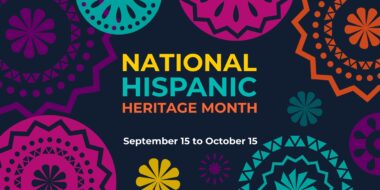 Colored paper cut-outs surround the words "National Hispanic Heritage Month September 15-October 15"