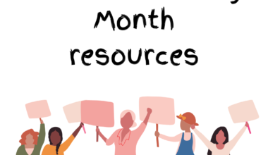 The words "Women's History Month resources" over clipart of women holding signs and/or raising fists.